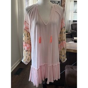 Free People MIX IT UP Pink Floral Beaded Tunic Top / Mini Dress Size Small $128‎